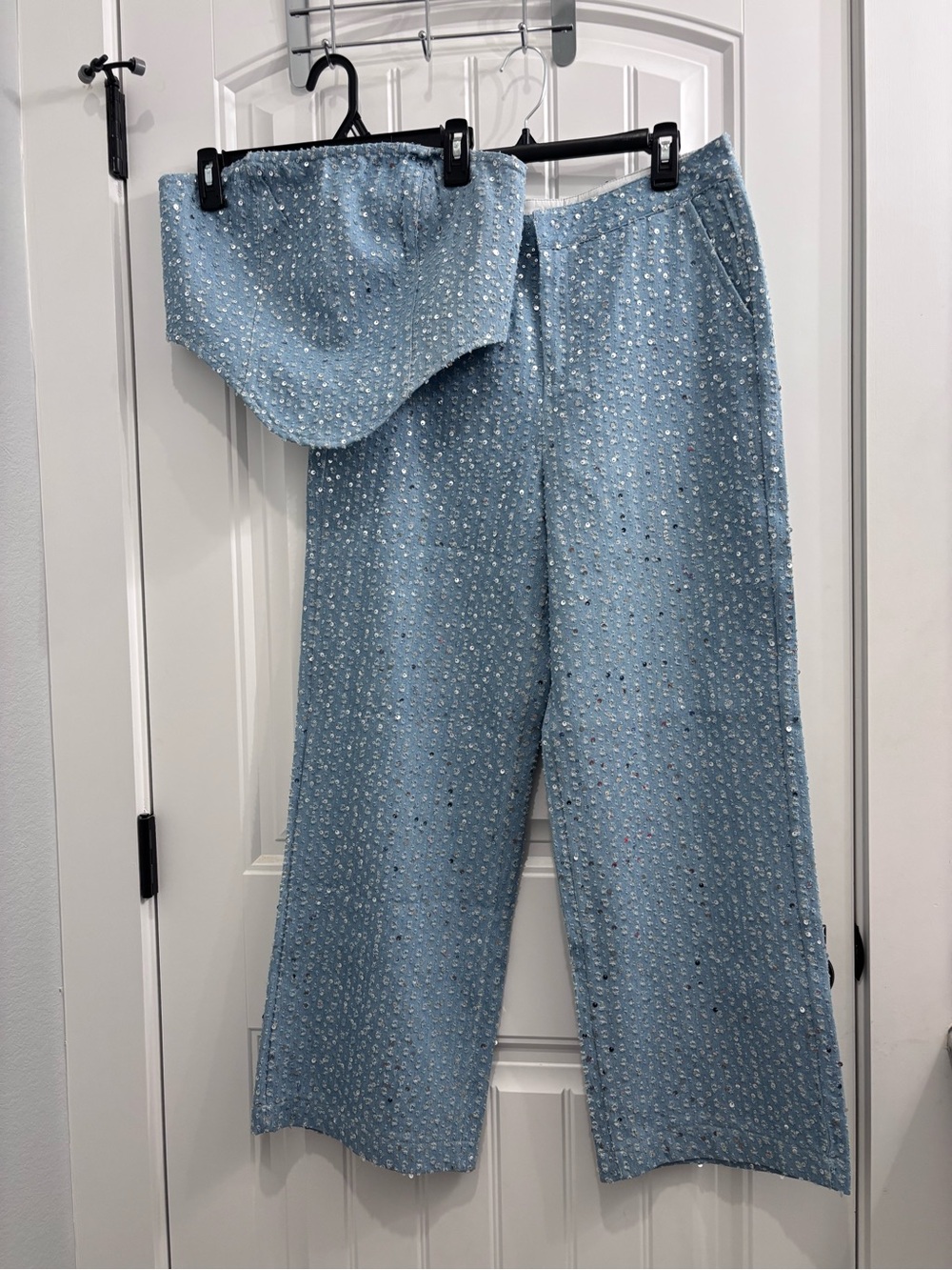 Beaded Light Blue Wide-Leg Pants & Strapless Top Set